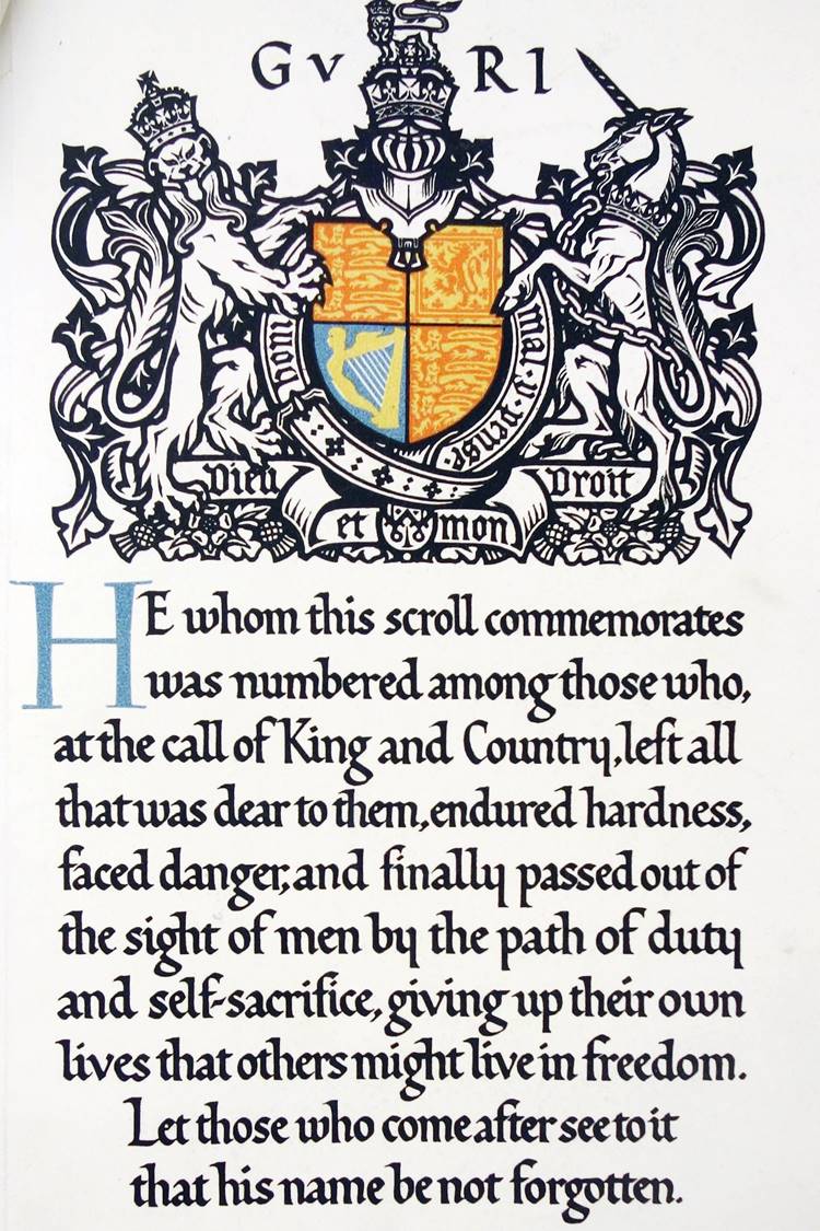 WWI MEMORIAL SCROLL WITH PERSONALISED INSCRIPTION reproductionGreat WarWW1