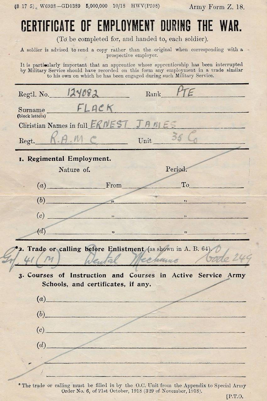 Certificate of Employment During the War Army Form Z. 18
