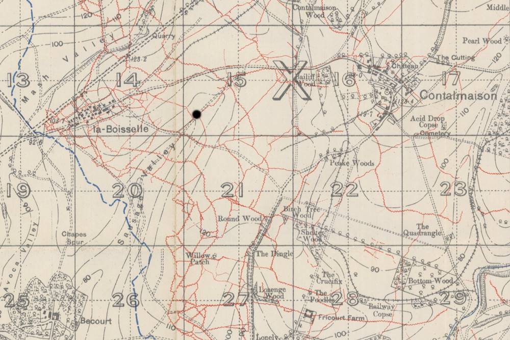 Gordon Dump Cemetery Location on a Trench Map
