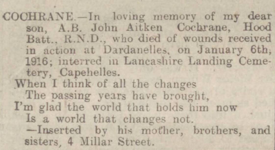 Able Seaman John Aitken Cochrane Lancashire Landing Cemetery